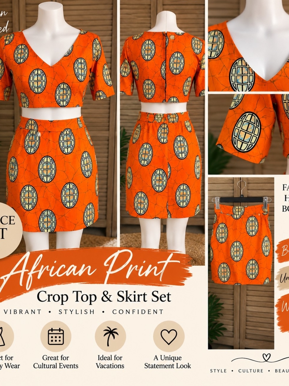 Beautiful African Print 2-Piece Set – Orange Patterned Skirt & Crop Top